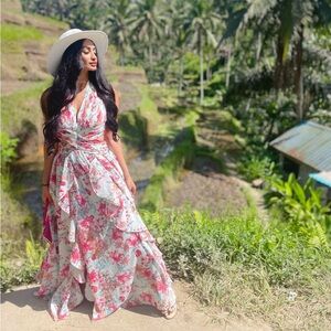 Floral Halter Maxi Dress with ruffles and cross cross back